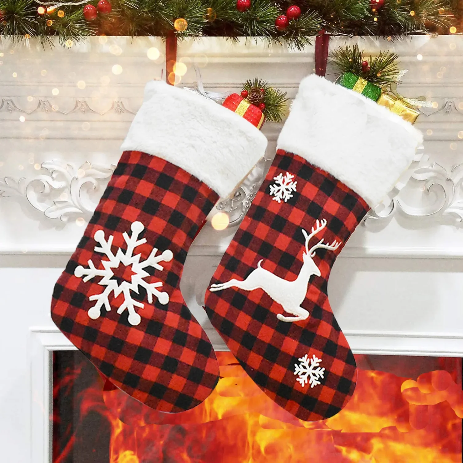 Christmas Stocking Fireplace Decor Christmas Gift Fun Tree Snowflake Red White Plaid Sock Boots Fireplace Home Decoration - Image 3