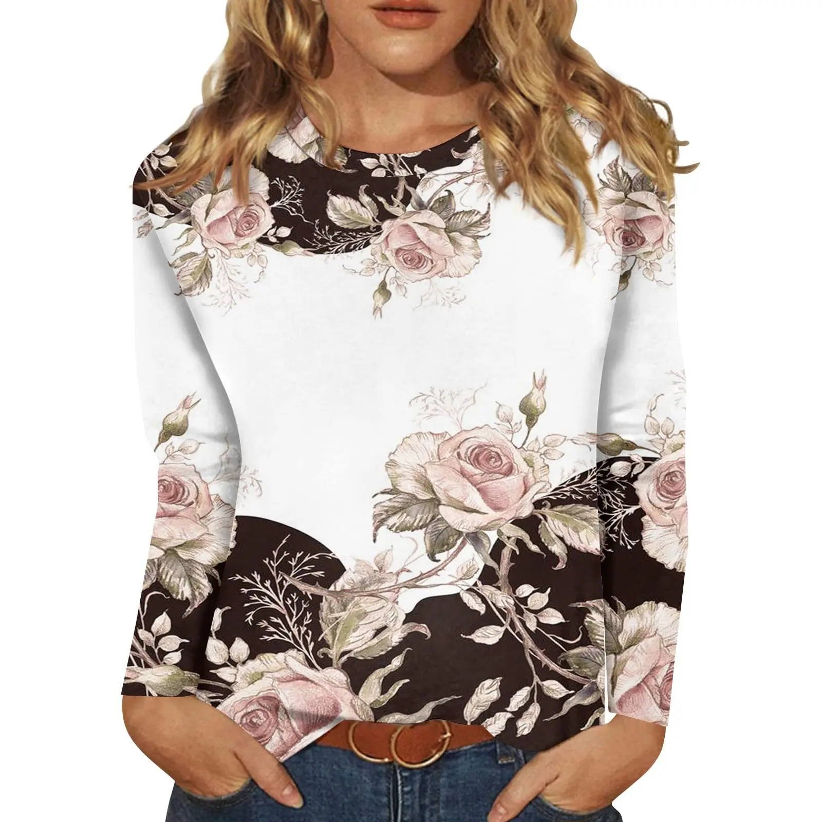 2025 New Women's Flower Fashion Print Long Sleeve T-shirt Sports Leisure Cute Polyester Ultra-thin Round Neck Long Sleeve