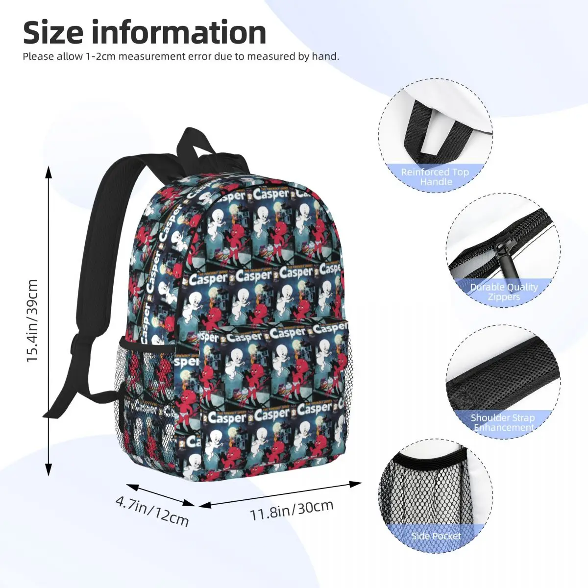 The Friendly Ghost Casper Backpack Daypack Large Capacity Boys Girls BookBag Shoulder Bags for Men Women Children School Bag