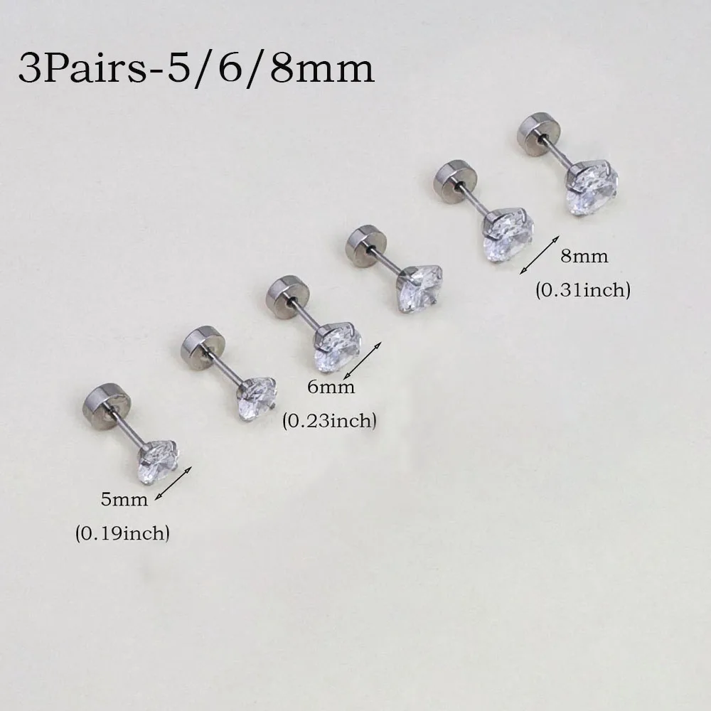 6Pairs Rvs Plat Schroef Studs Oorbellen Voor Vrouwen Mannen 4 Prong Tragus Kleine Ronde Clear Zirconia Oor sieraden