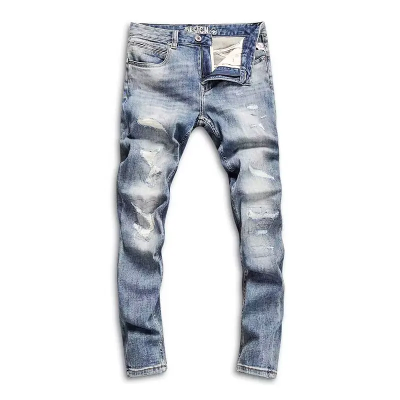 Newly Designer Fashion Men Jeans Retro Blue Stretch Slim Fit Hole Ripped Jeans Men Trousers Patchwork Vintage Denim Pants Hombre