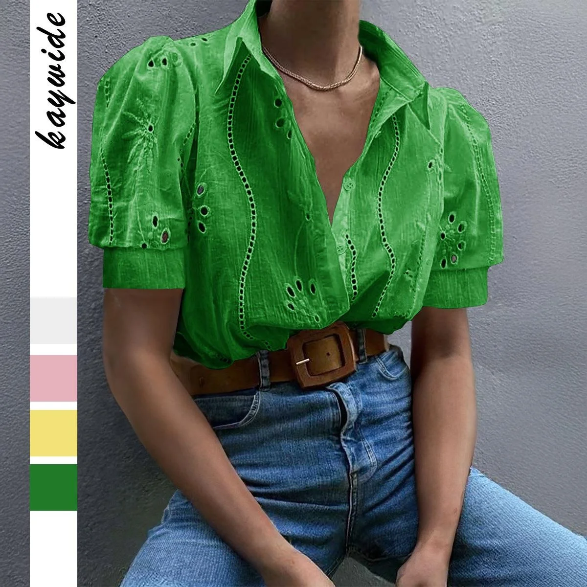 

Women's Hollow out T-Shirt Short Sleeve Lantern Sleeve Polyester Pure Color No Brand European Style Shirt K2522193