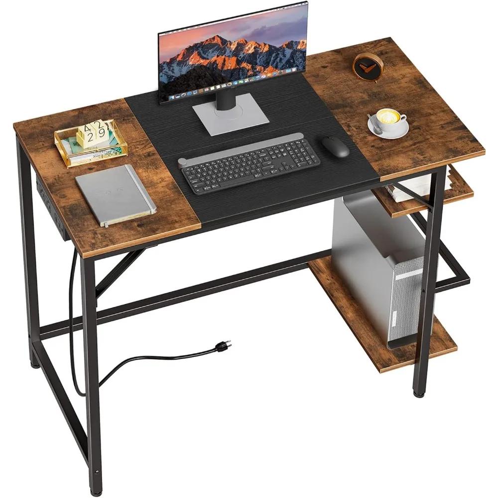 HOOBRO Computer Desk, Home Office Desk with Power Outlet, Writing Desk with 2 Shelves, Modern Small Desk for Home Office, Study,