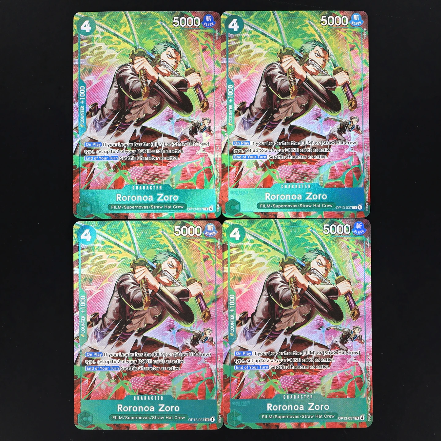 One Piece TCG OPCG Inglés OP13-037 Zoro TR Playset 4 Cost Green Zoro Tarjeta de Foil Texturizada Anime Cartas Coleccionables