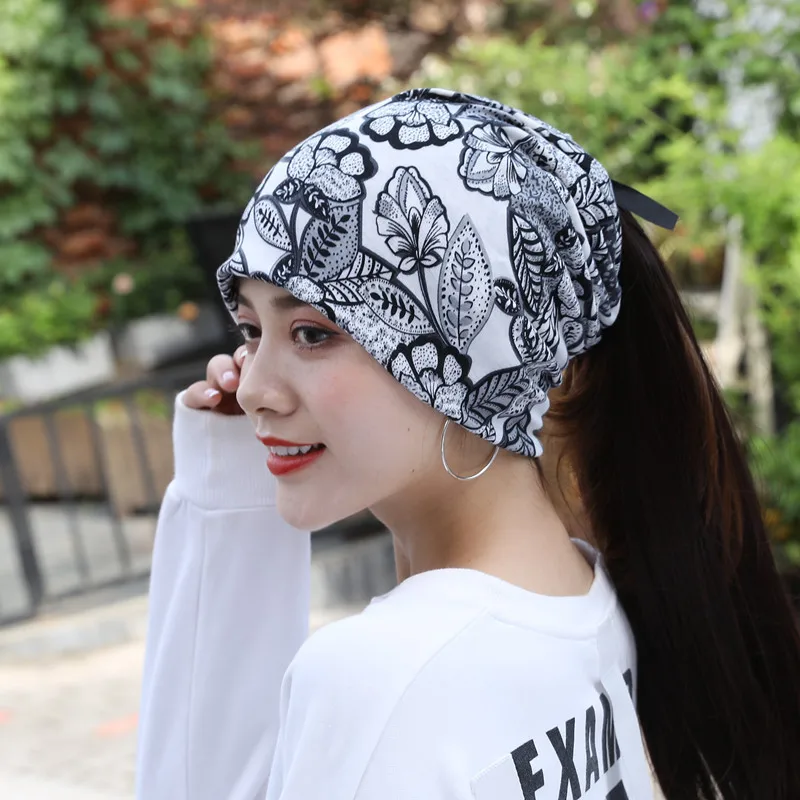 Multifunction Women Summer Leaves Lace Cotton Sunscreen Sun Hat Spring Maternity Windproof Warm Cap Ponytail Headscarf Scarf W56