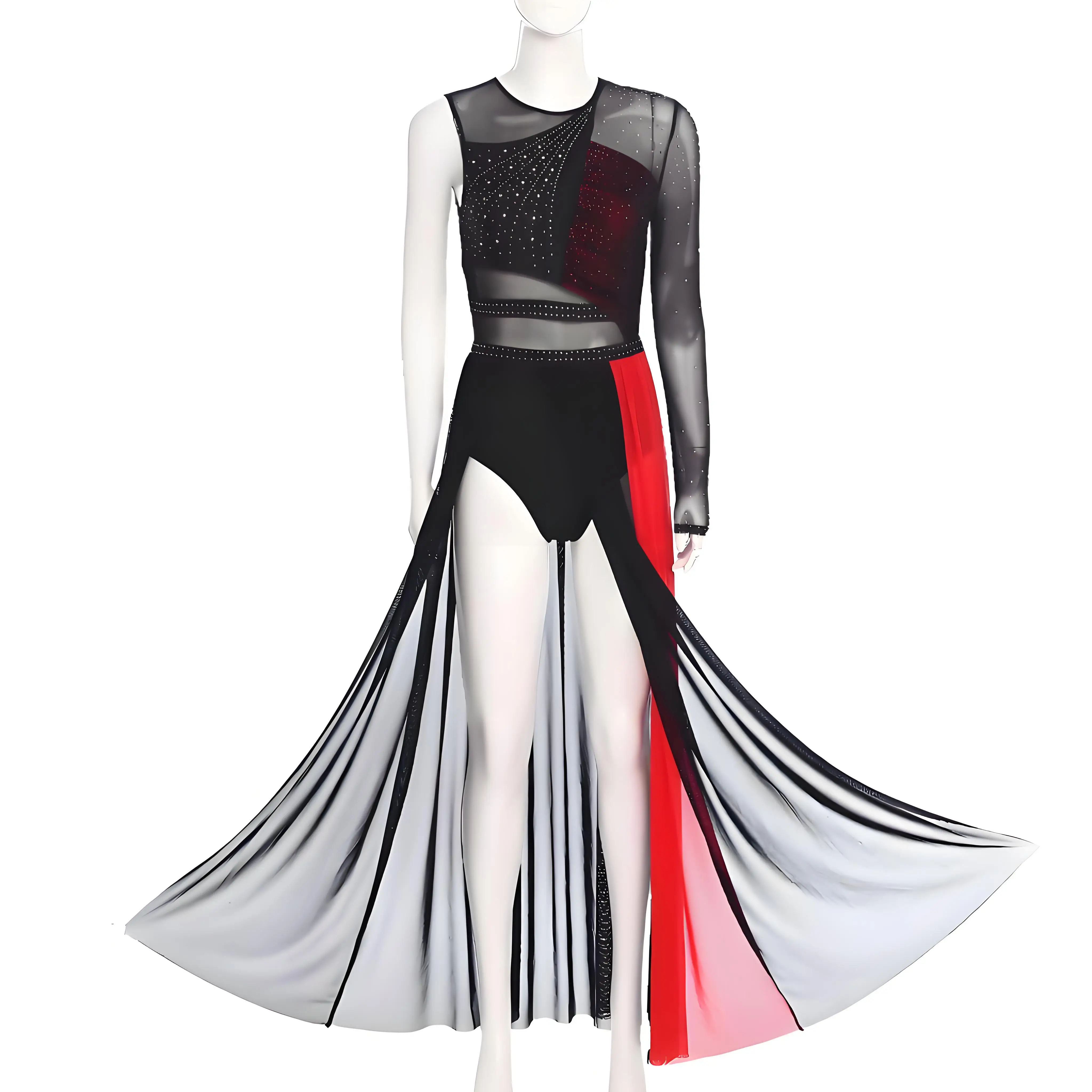 

Женский лирический танцевальный костюм с одним рукавом, стразы, гимнастический струящийся сетчатый тюль, трико с разрезом, платье макси, танцевальная одежда