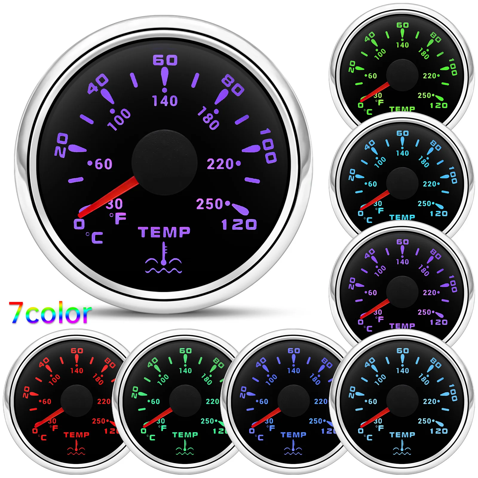 7 Colors Backlight 52MM Water Temperature Gauge Fuel/Water Level Gauge Oil Press Gauge Volt Meter For Marine Boat Car Truck
