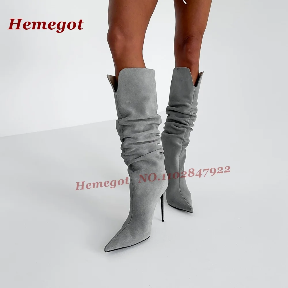 

Grey V-Cut Suede Knee High Boots Pointed Toe Pleated Stiletto High Heels Women's Boots Slip On Elegant Patchwork Shoes Luxury
