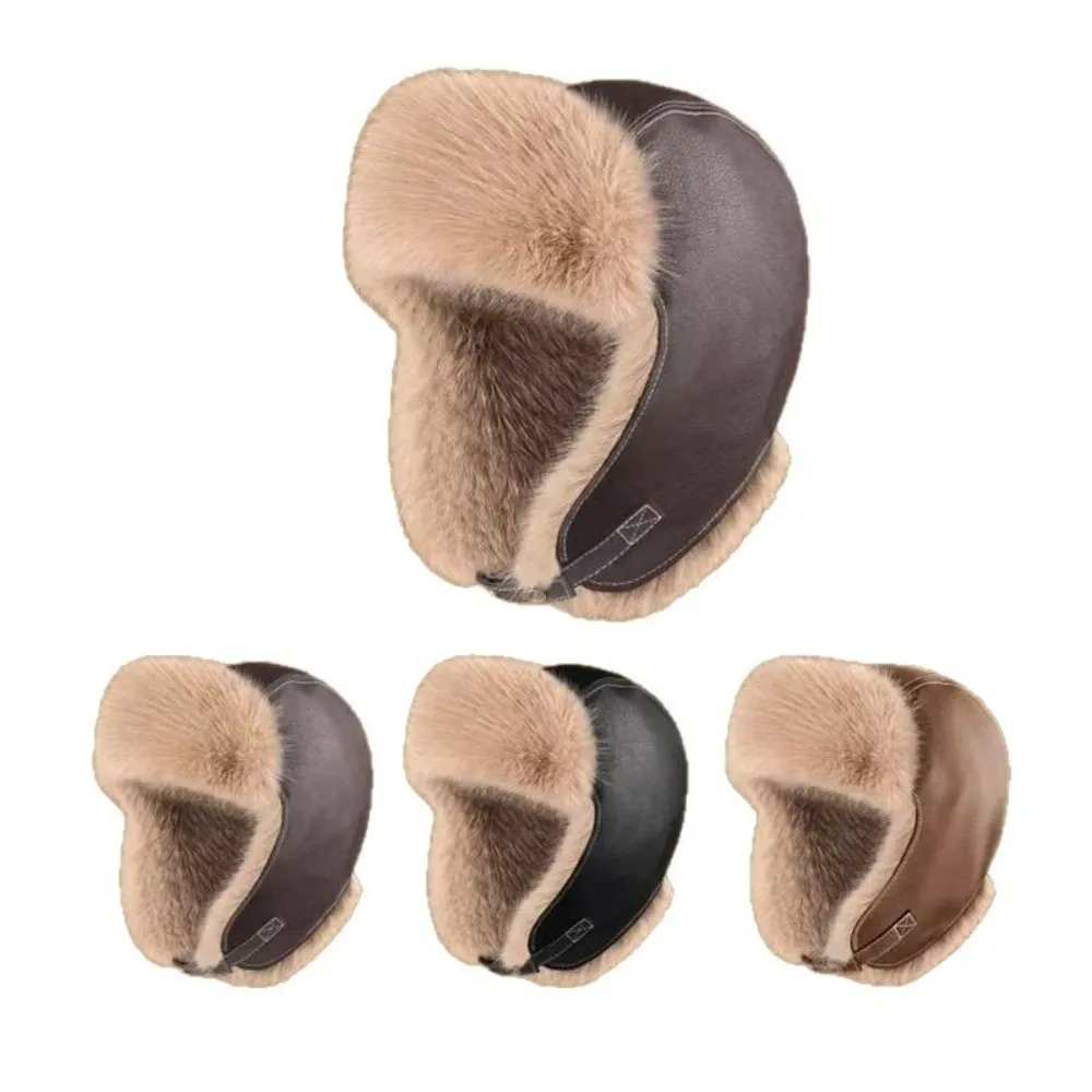 Faux Leather Winter Warm Hat Thick Material Ear Flap Design Thick Faux Fur Lined Hat Warm Lining Windproof Construction