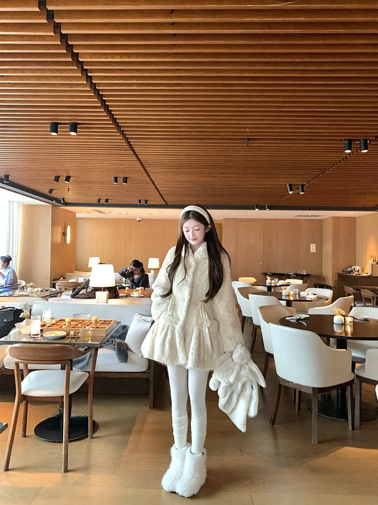 

Acaine Thiened Plu Doll Collar Medium-Length Jaet Women's Winter Coat Cute Sle Fce-Lined Korean Faion Top