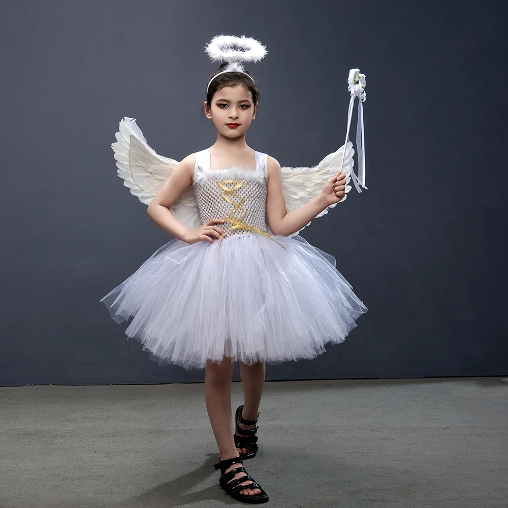 

White Angel Tutu Costume for Girls Fairy Cosplay Dress with Wings Kids Pixie Halloween Fancy Dresses Baby Birthday Party Clothes