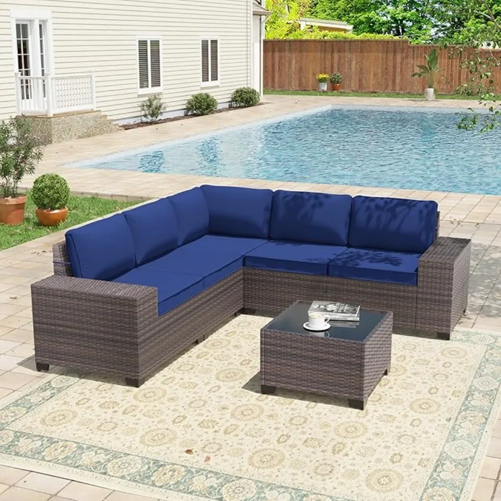 

6 Pieces Patio urniture Sets with Glass Tea Table,PE Rattan Wicker Patio Contion Set with Washable Cushions,Outdoor Patio Sectio