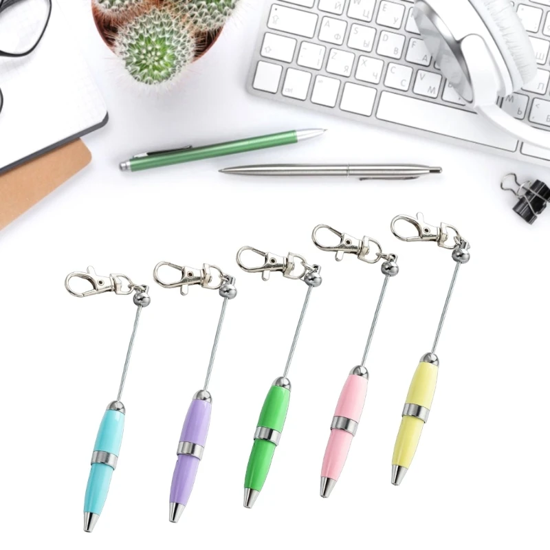 5pcs Beadable Ballpoint Pen with Keychain 1.0mm Pen Metal Stationery Pen Bead Rollerball Pen for School Office