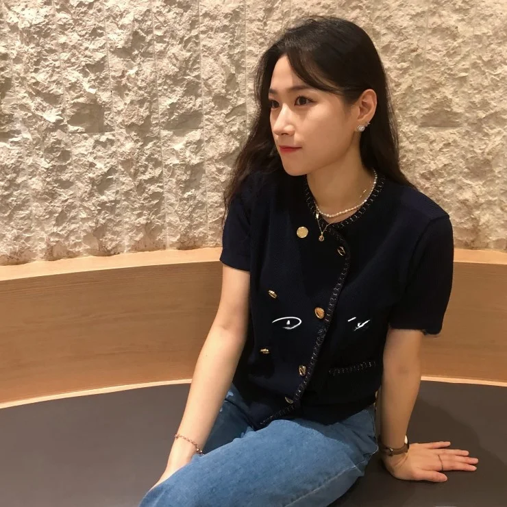 

Versatile Elastic ort Sve round Ne Knitted Cardigan Korean Sle Commute Faion Single Piece Summer 2023 Pure Color