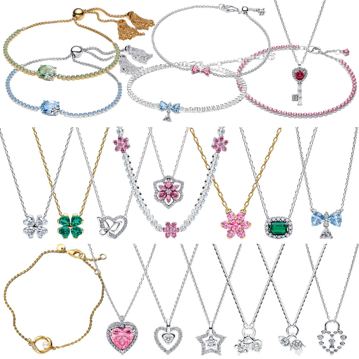 Hot Sale 925 Sterling Silver Zircon Bow Love Flower Four Leaf Clover Pendant Necklace Bracelet Fit Women's Birthday Jewelry Gift