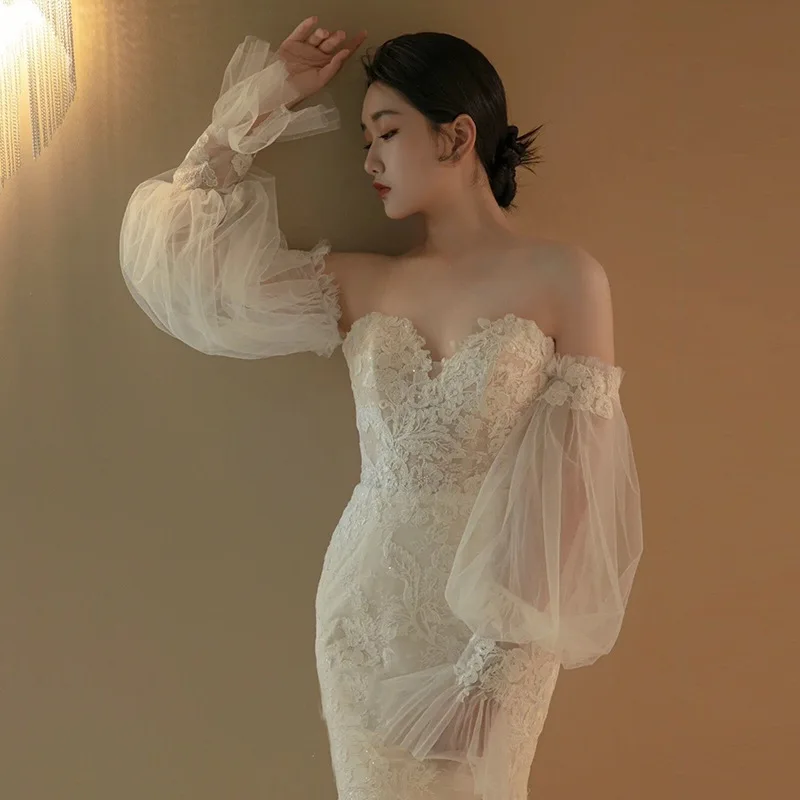 Customized White Mermaid Women Wedding Dresses Puff Sleeves Sweetheart Bridal Gowns Formal robe de mariée