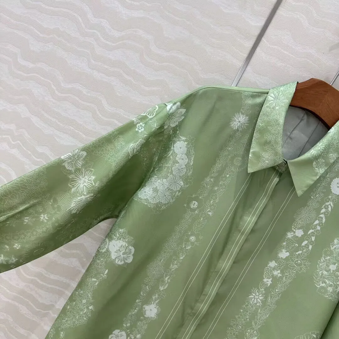2025 nova primavera retro 100% camisa de seda topos feminino lapela manga longa único breasted floral impressão verde blusas vintage