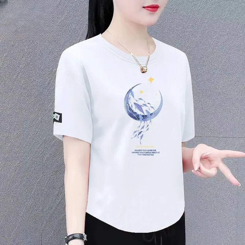 Casual Shoulder-Length Short Sleeve T-Shirt Women's plus Size Loose Slimming Arc-shaped Hem Mid-aged Women's Top