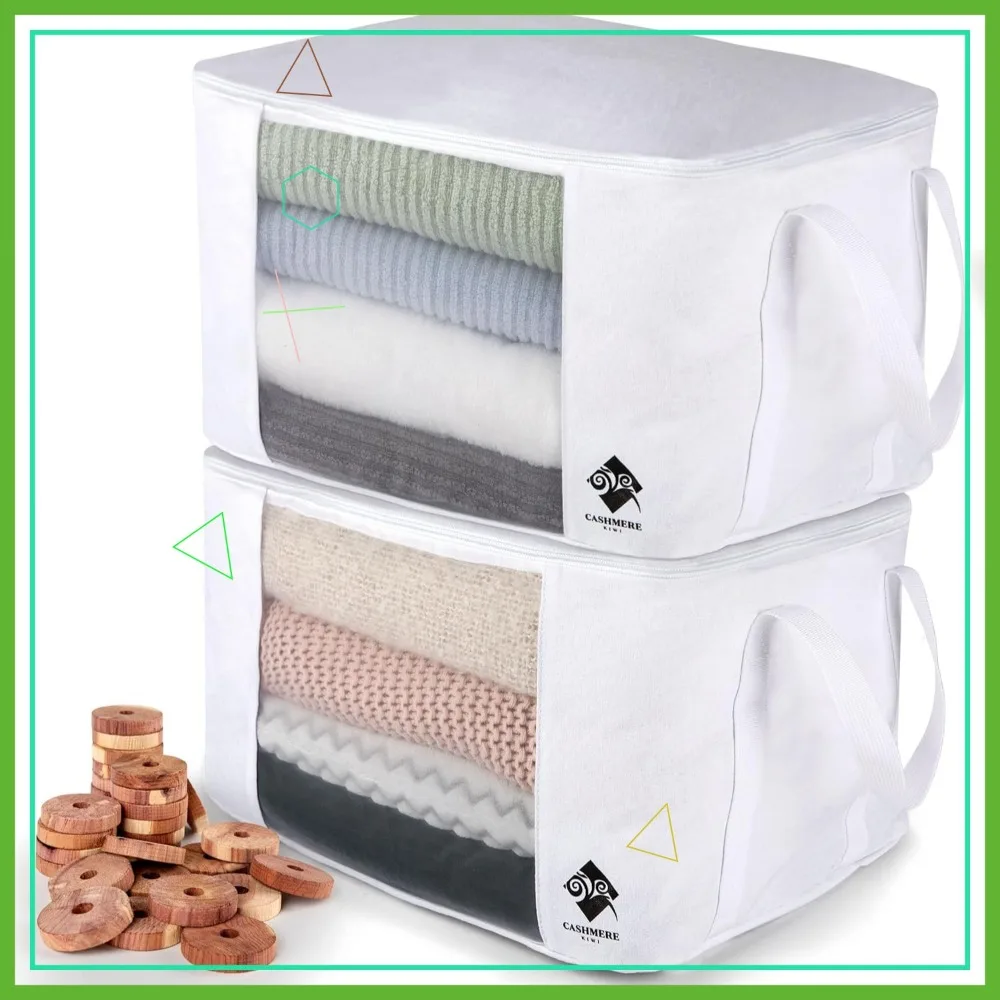 

Large Cotton Sweater Storage Bags with Cedar Rings & Mesh Window for Cashmere and Wool Organizer, 15x11x9 Inches