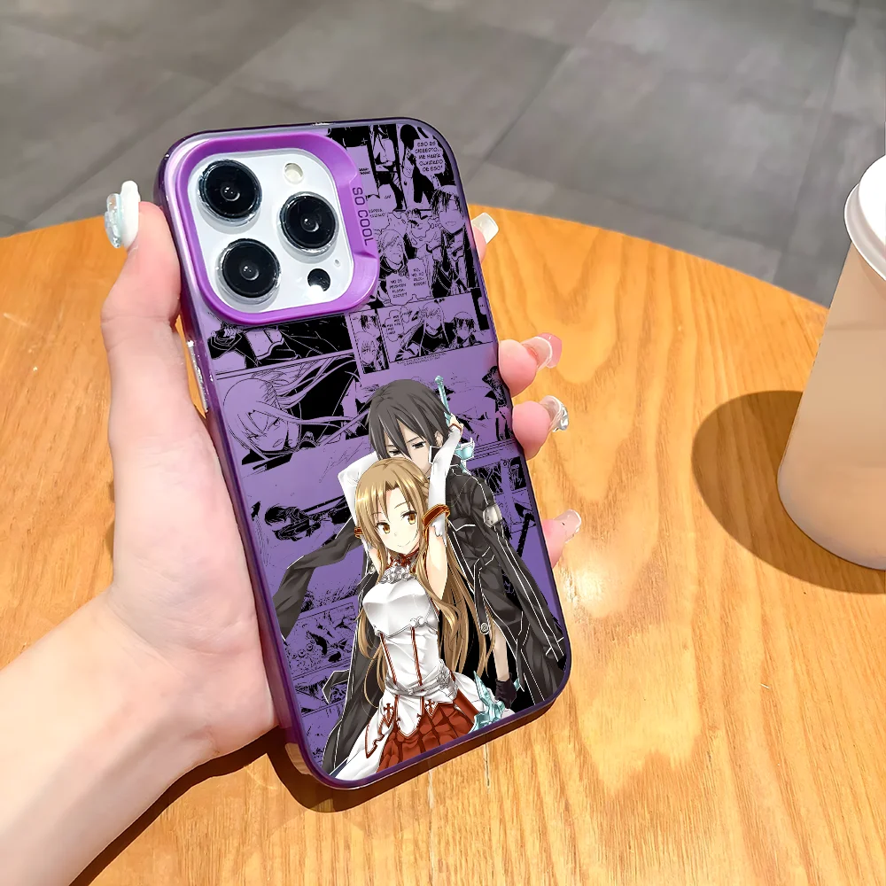 أنيمي ساو A-Asuna x Kirito جراب هاتف آيفون 16 15 14 13 12 11 برو ماكس أسود ماتي متعدد الألوان الليزر لامع أورورا غطاء