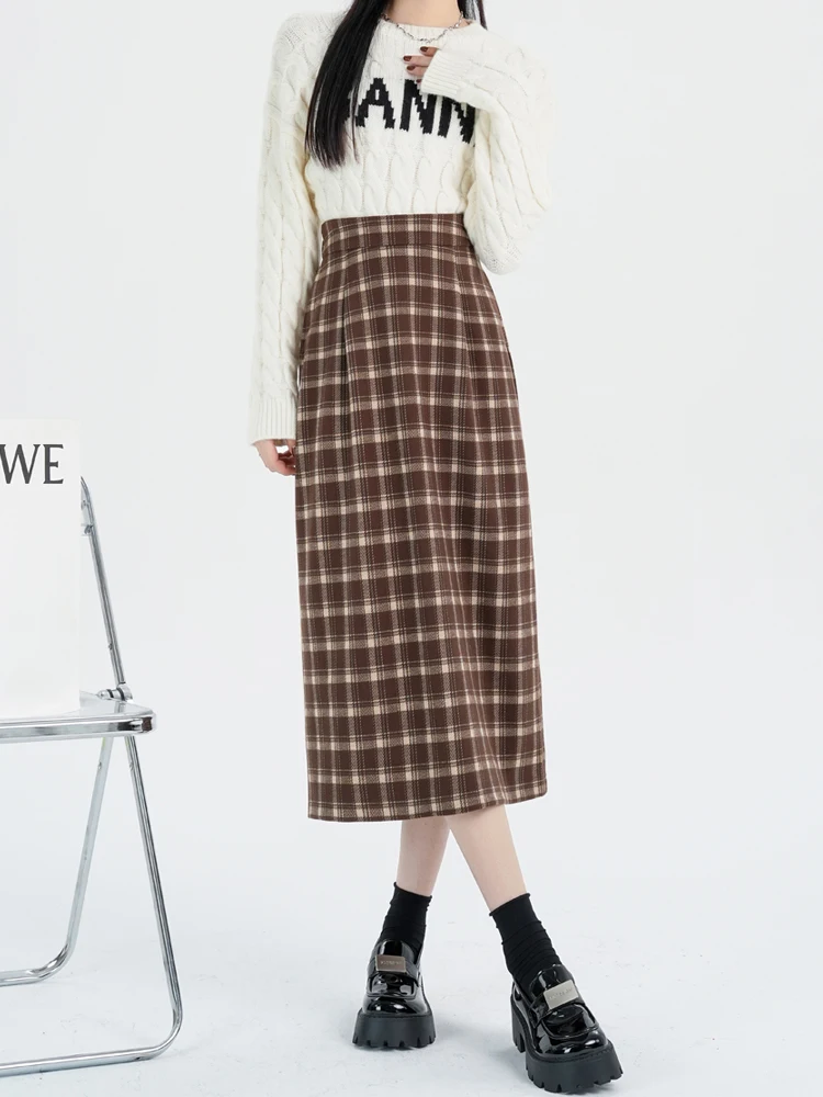 

Brown Red Plaid Woolen Skirt Women's High Waist Straight Cut Autumn Winter ort Size Vintage Split Ba Skirt
