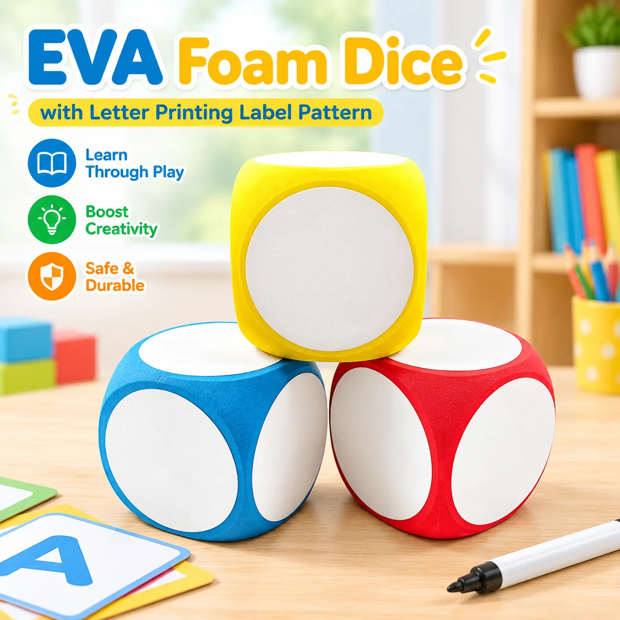 EVA Foam Dice with Letter Printing Label Pattern Erasable DIY Educational Play Toy Supply for Kids Cross-Border Hot Selling
