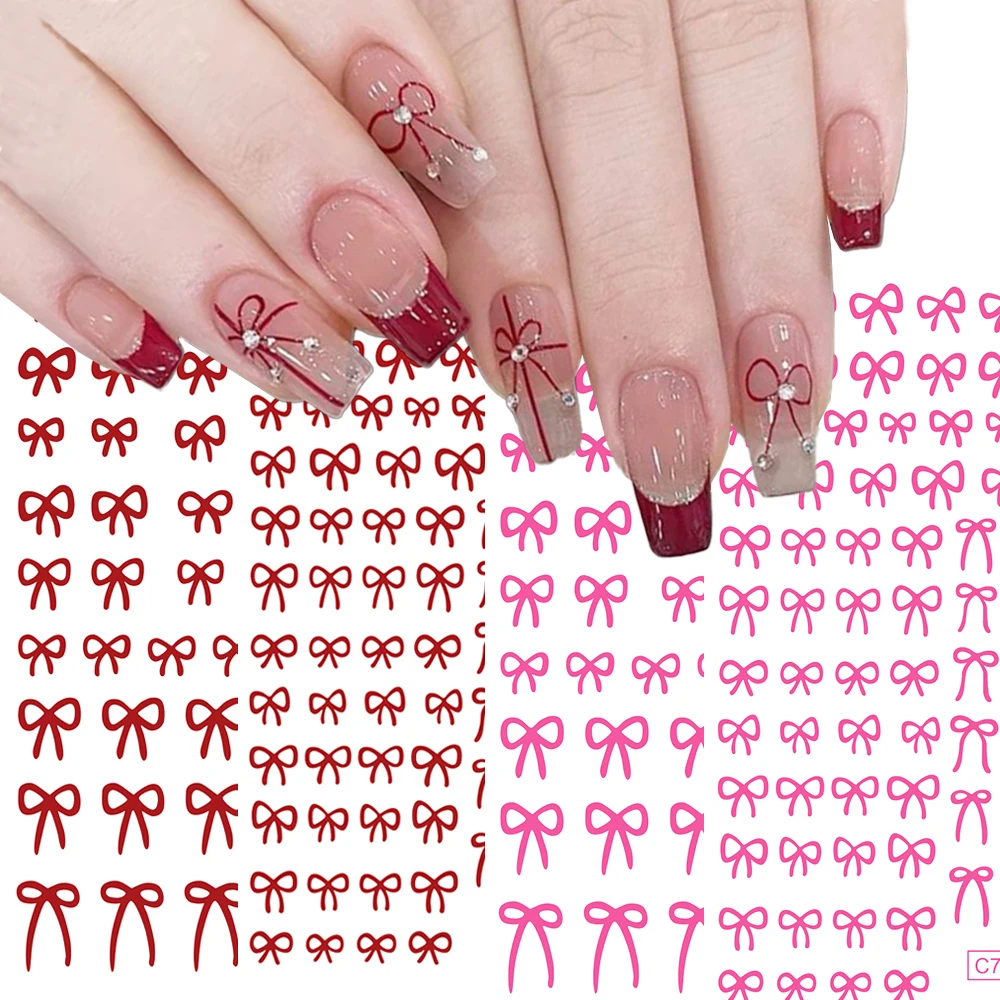 

6pcs Pink Red Mini Ribbon Bow Nail Art Stickers 3D Kawaii Japanese Red Bowknot Nail Slider Girl Manicure Decals Decorations Foil