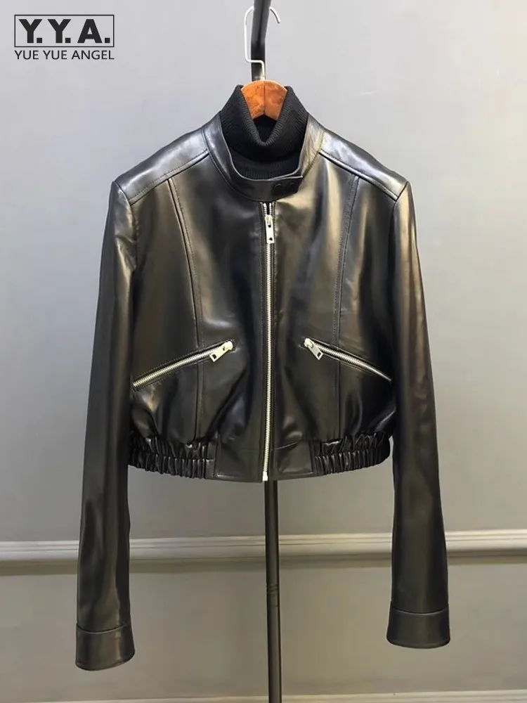 Punk Stijl Vrouwen Korte Schapenvacht Lederen Jas Rits Zakken Stand Kraag Herfst Motorfiets Winddichte Jas Streetwear