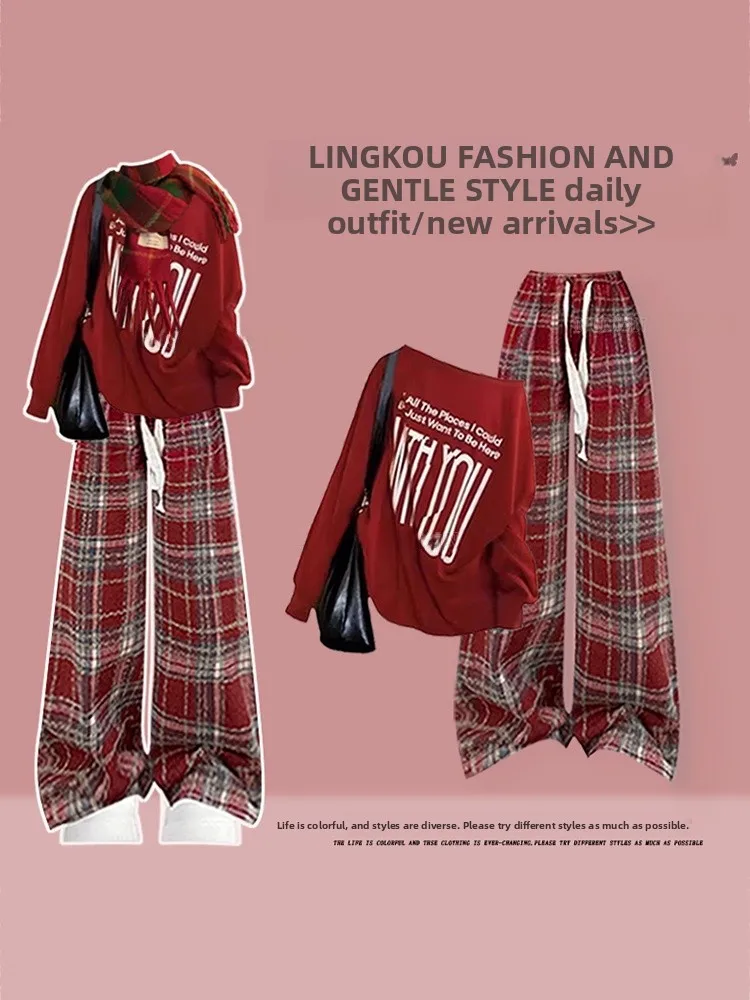 

Cisas Red Plaid Slimming Casual Pants And Sweatirt Set Women's Anti-Aging Autumn Winter Faion Two-Piece Suit