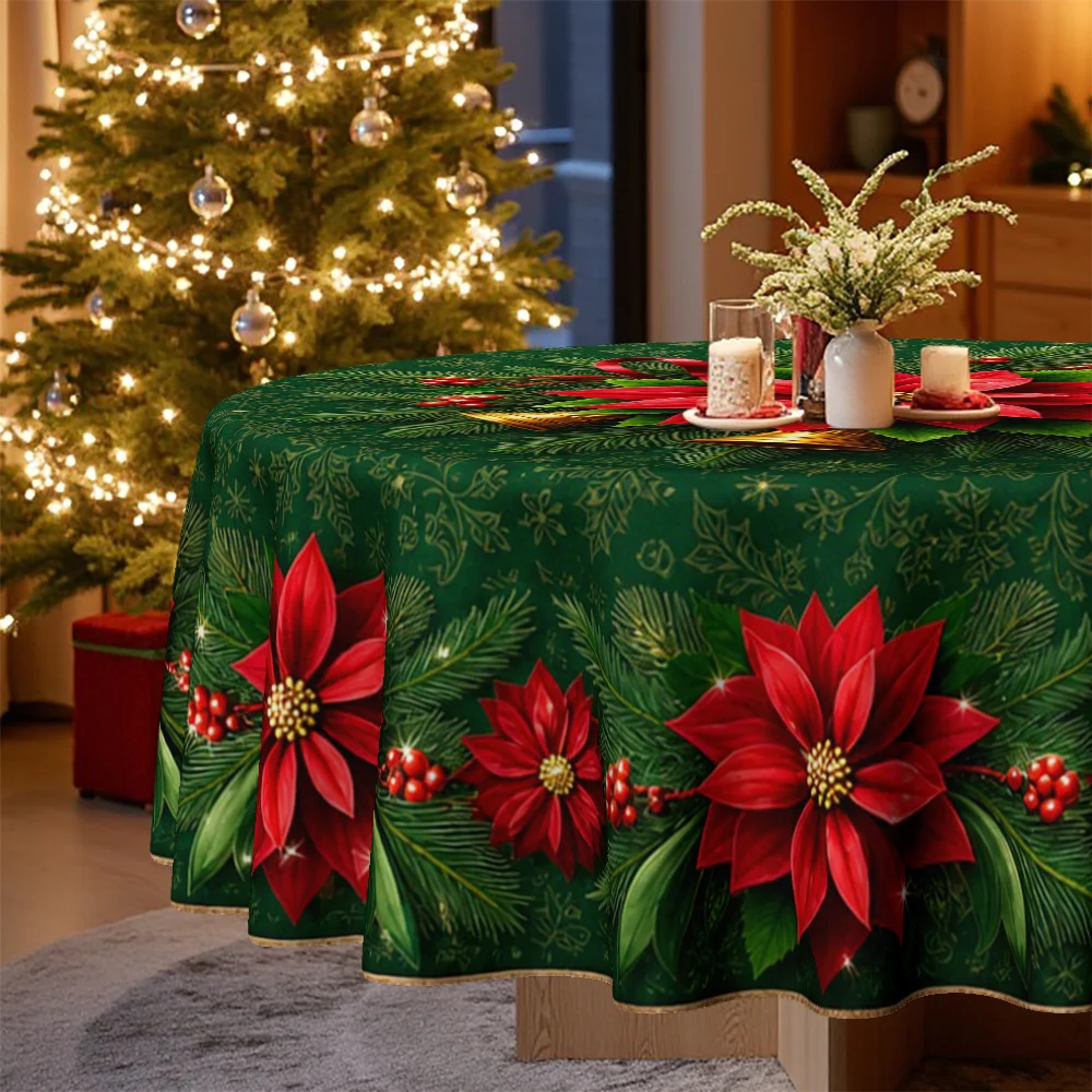 1 tablecloth, Christmas-themed, tablecloth with frangipani, pine needles and bells on a green background