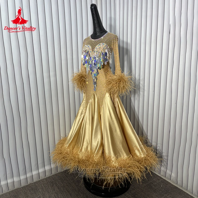 الكبار والطفل الرقص الاجتماعي الترتر الديكور ريشة نمط كبير سوينغ فساتين مخصصة النساء الفالس أداء الملابس حيوية الراقصة