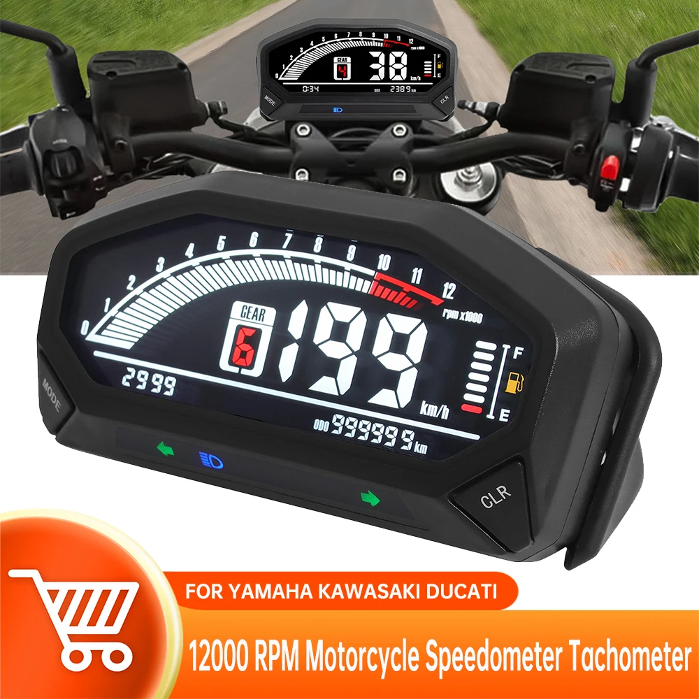 12000 RPM Motorcycle Speedometer Tachometer Odometer 6-speed Electronic Digital Meter FOR YAMAHA KAWASAKI DUCATI 1/2/4 Cylinder