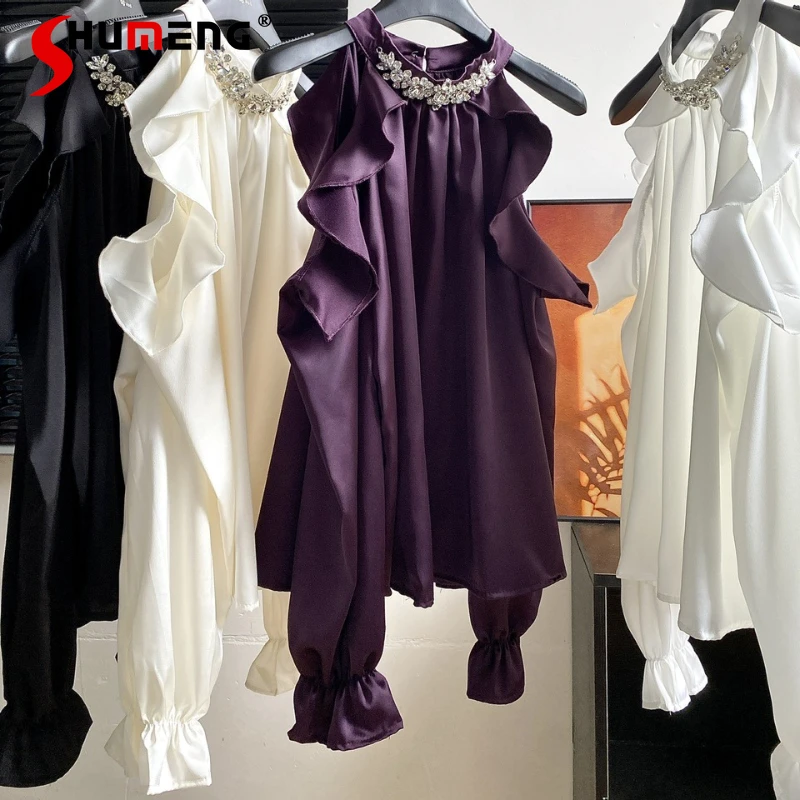 

Fashion Lotus Leaf Edge Rhinestone Tops Women 2025 Summer New High-End Loose Comfort Long Sleeve Off-Shoulder Satin Chic Blouse