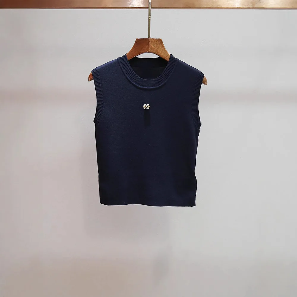 

Летний новый повседневный облегающий вязаный жилет MaSandeS с круглым вырезом, ребристый, из полиэфирного волокна, универсальный вязаный топ