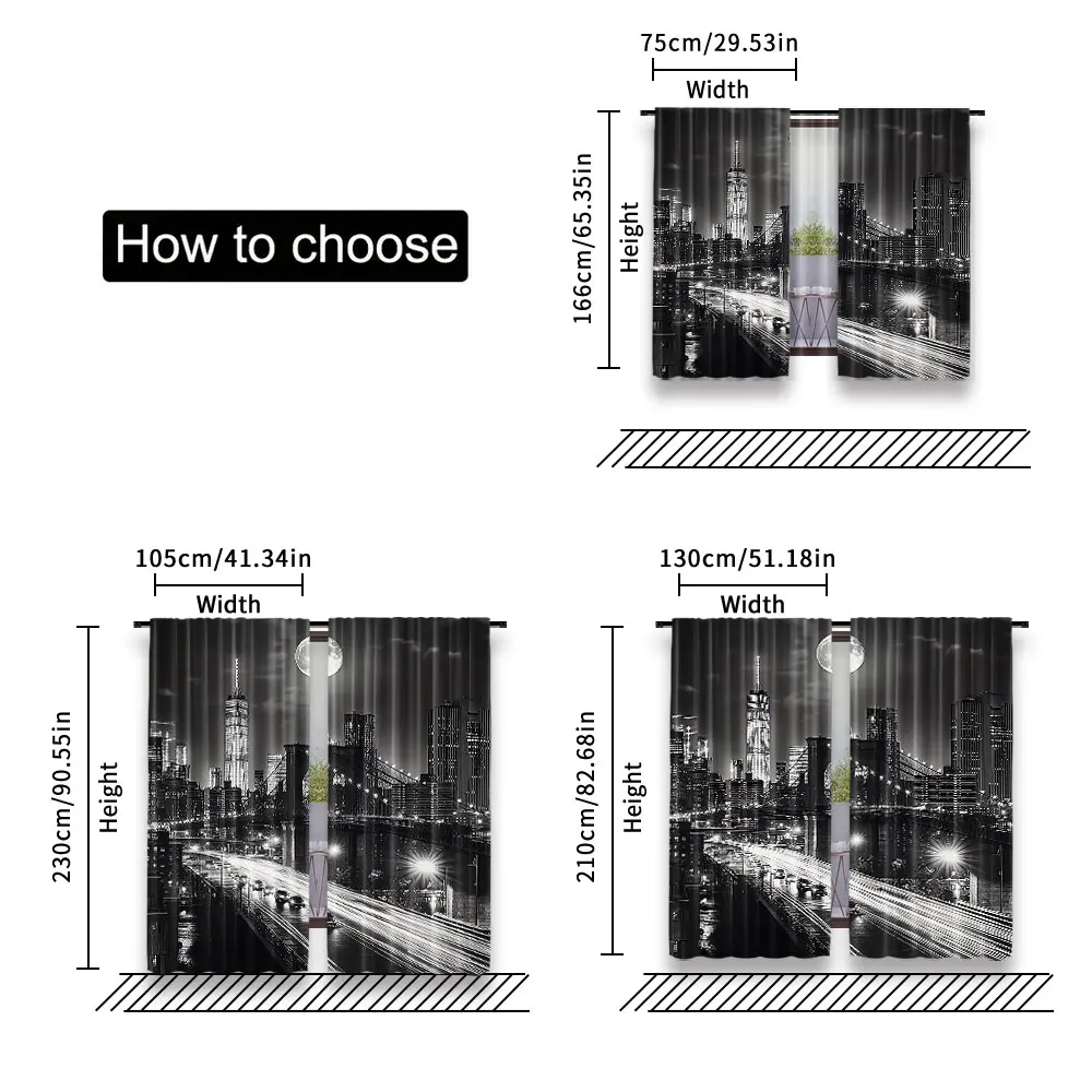 2Pcs Black And White Curtain New York City Night Scene Urban Life Brooklyn Manhattan Suitable For Bedroom Living Room Dining
