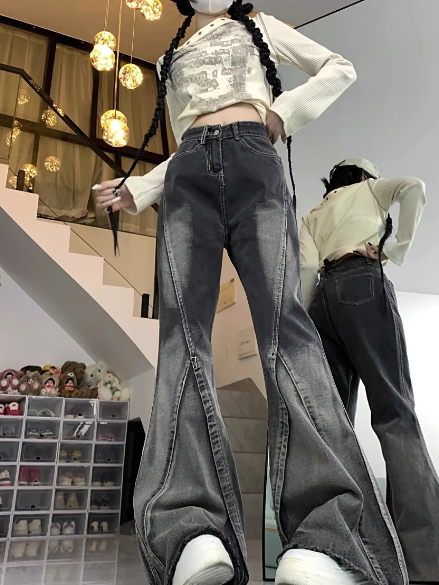 

Retro American Waed adient Jeans Men's Spring Autumn 2024 New High Waist Straight Leg Slimming Flared Long Pants