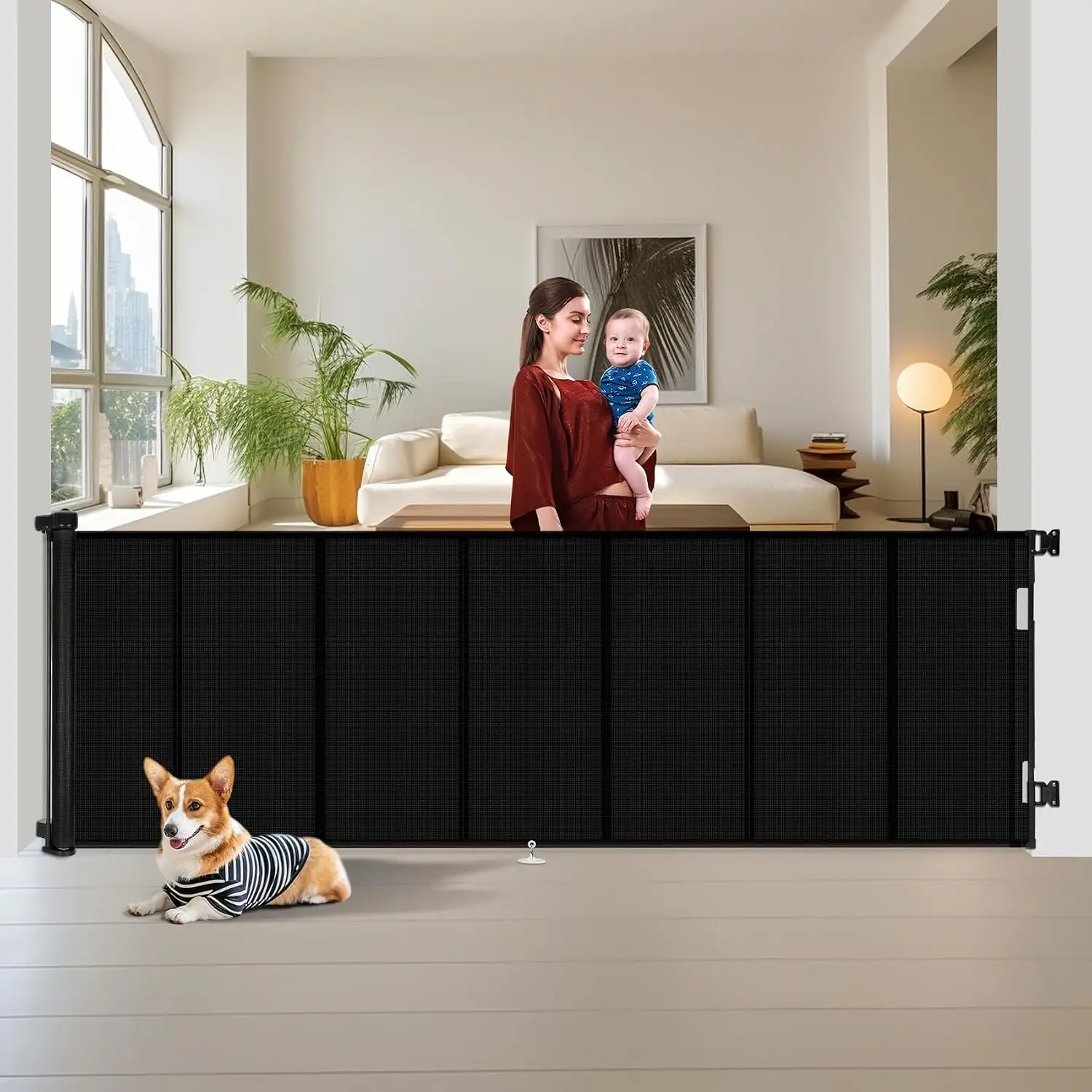 Retractable Baby Gates 150 Inch Tall 42 Inch Reinforced No Crawl Through Reinforced Strip 12 FT Extra Wide Dog Gate Indoor Outdo