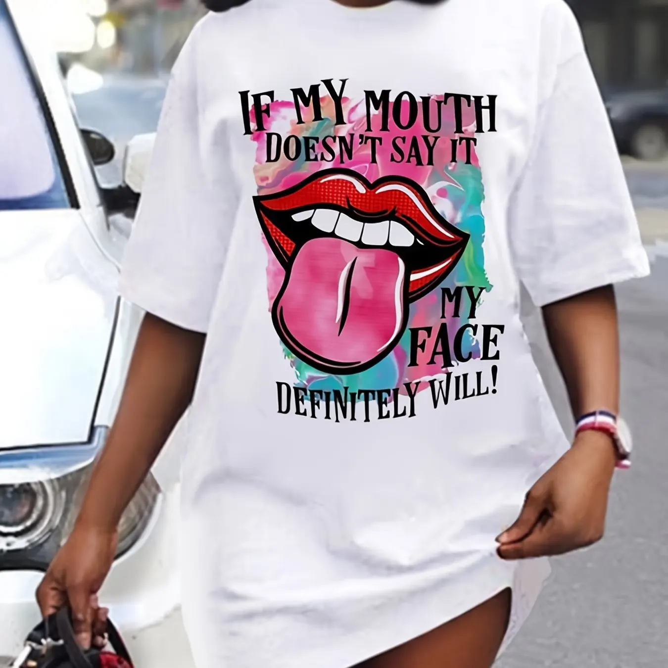 

Fashion Lexy Lips Print Dress Short Sleeve Crew Neck Casual Dress For Summer &Spring Beach Casual Loose Dresses Women's Clothing