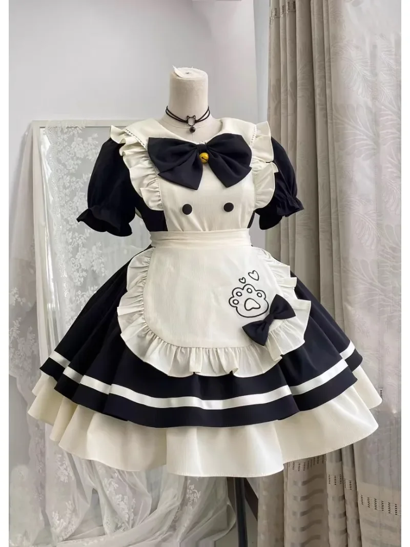 Anime Gothic Lolita Dress Short Sleeve Kawaii Bow Maid Prom Dresses Summer Dress Cosplay Cute dog Ruffle doll collar Short Skirt