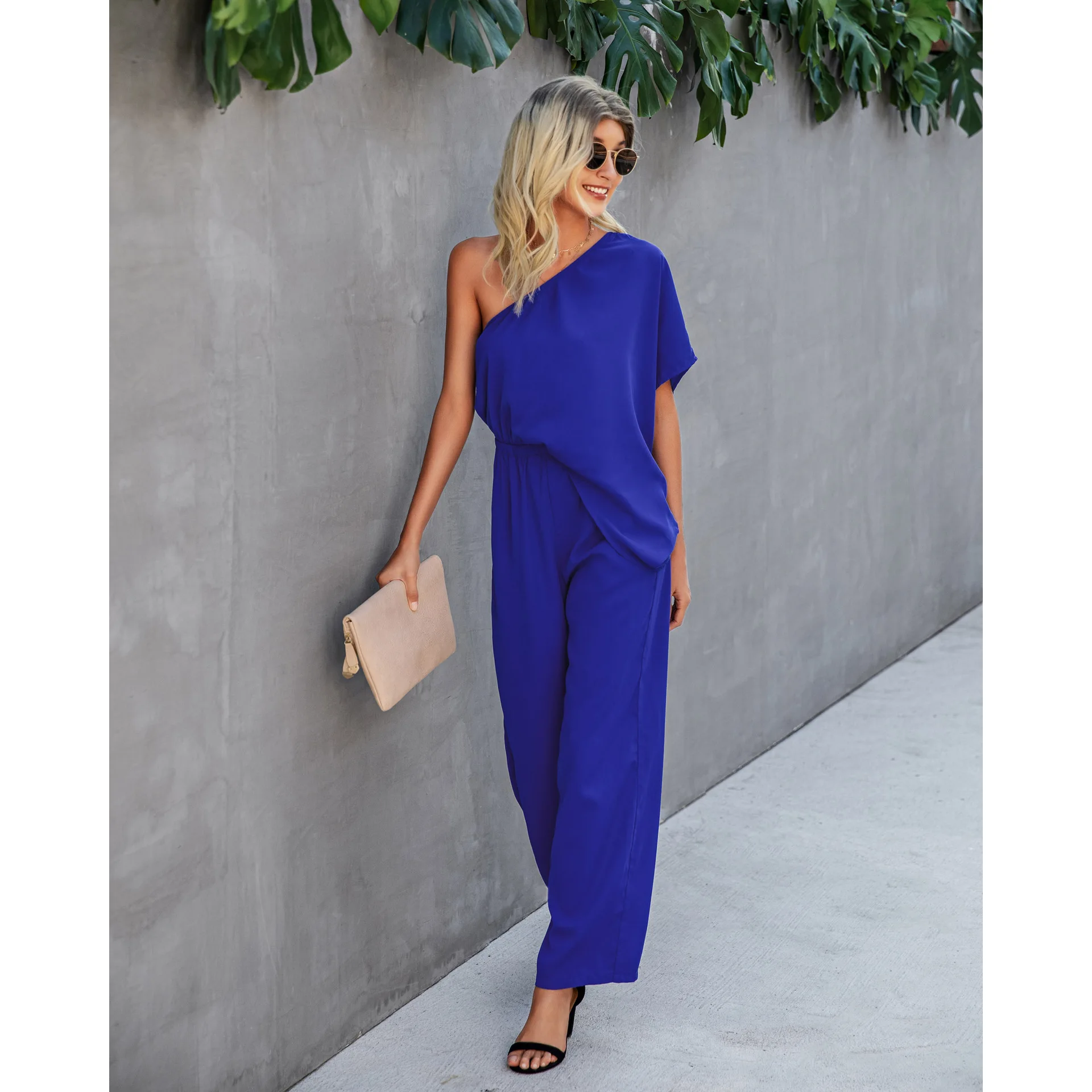 Donna Primavera Estate Nuova tuta allentata sexy con spalle scoperte Tute casual per la casa Pantaloni generali Vita alta Tinta unita