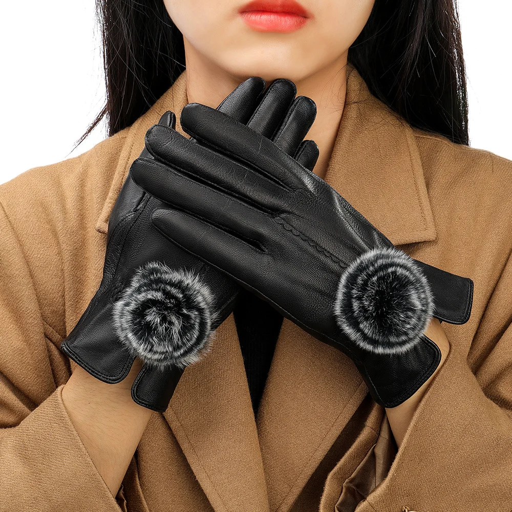 New In Fashion Leather Women‘s Gloves Winter Fleece Thick Warm Full Finger Outdoor Sheepskin Female Gloves Touch Screen