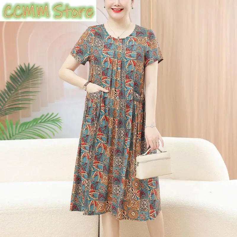 

Vintage Printed Dresses Female Clothing Casual Round Neck Summer Short Sleeve Commute Loose A-Line Fashion Pockets Midi Dress