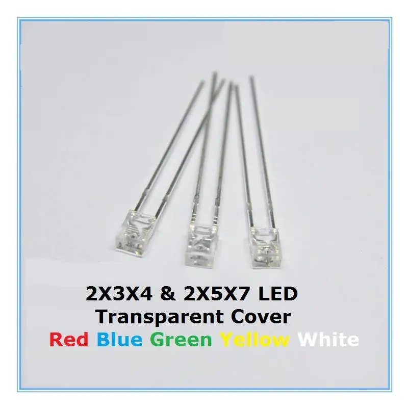 100 SZTUK Kwadratowa przezroczysta osłona LED 2*3*4 2*5*7 Zielony Niebieski Czerwony Żółty Wysoka jasność Biały koralik Dioda elektroluminescencyjna 2x3x4 2x5x7 — zdjęcie 2