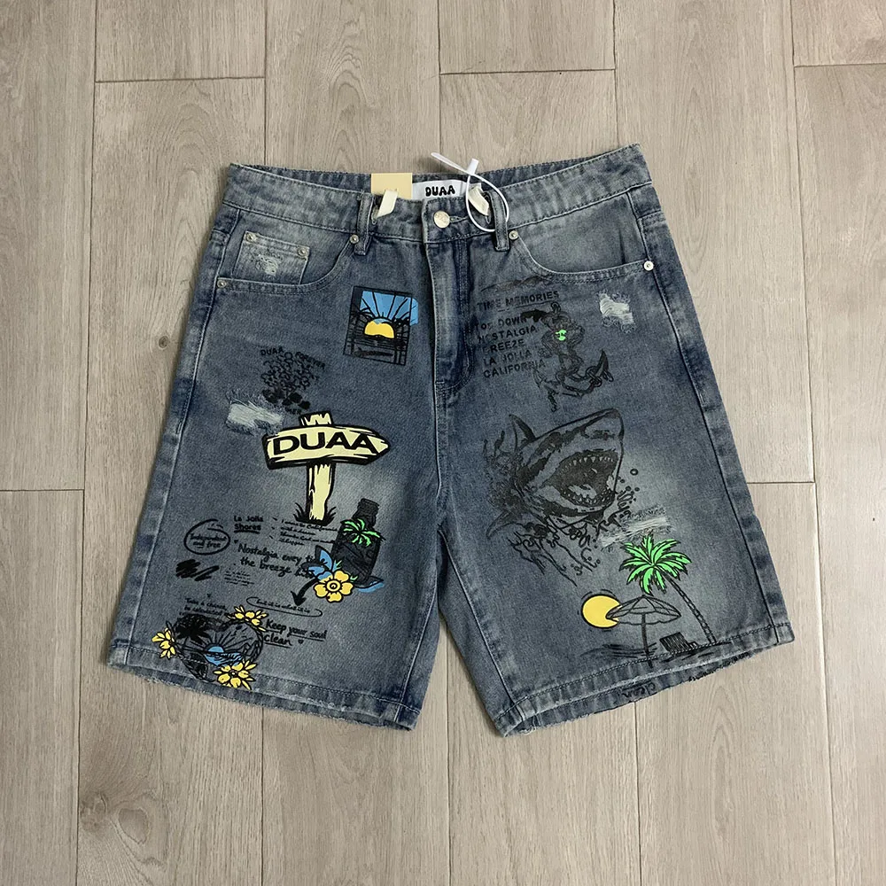 High Street Distreed Hole Washed Blue Baggy Denim Shorts for Men Straight Retro Casual Loose Jeans Five Point Pants