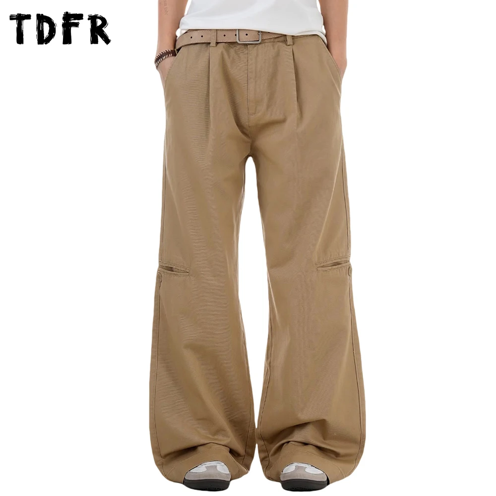 

Simple Spliced Cargo Straight Pants Mens Retro Solid Color Streetwear Loose Wide leg Trousers Men
