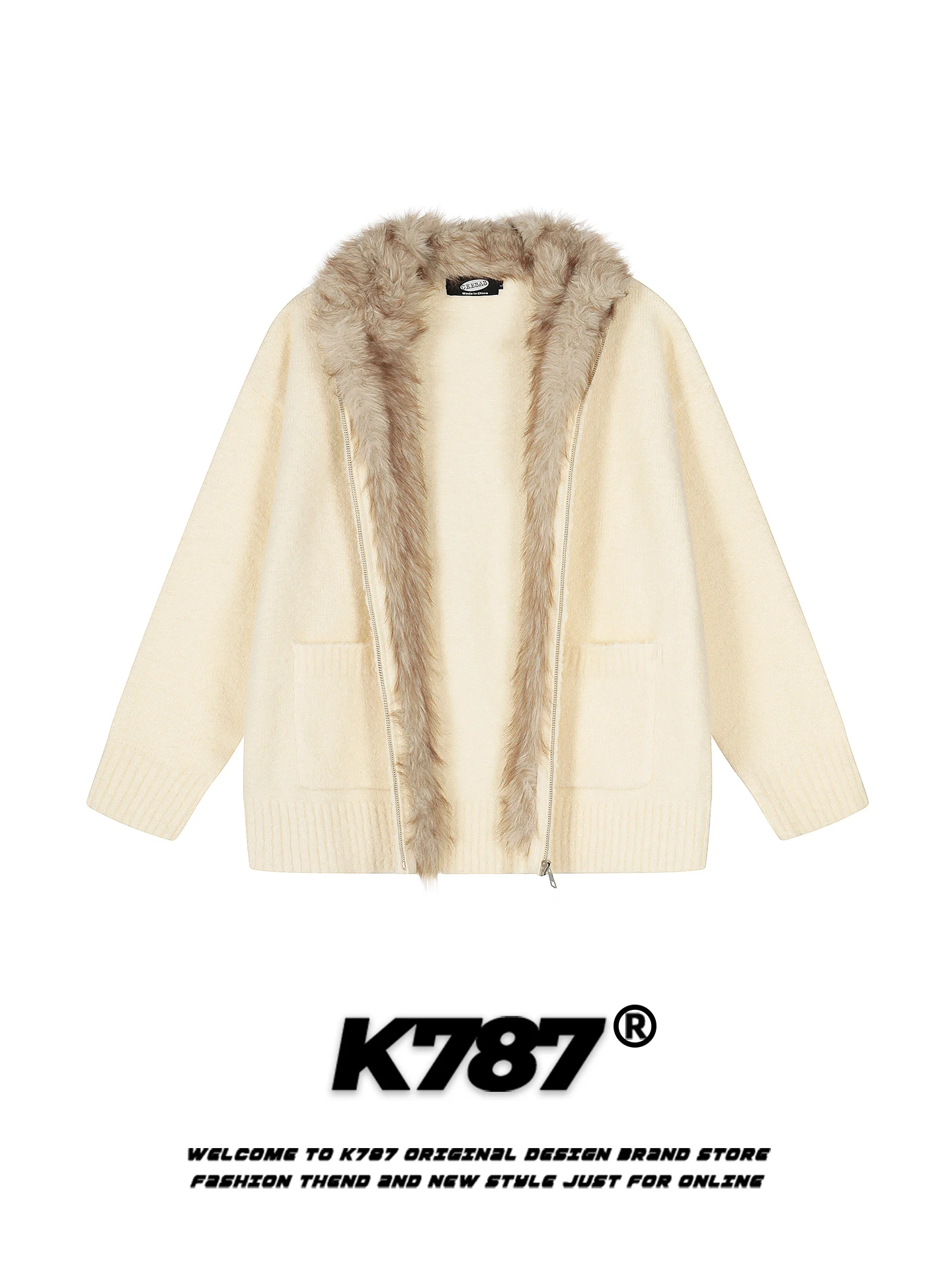 

American Retro Knitted Sweater with Fur Collar Loose Casual Warm Zipper Coat for Men And Women Couple Outerwear