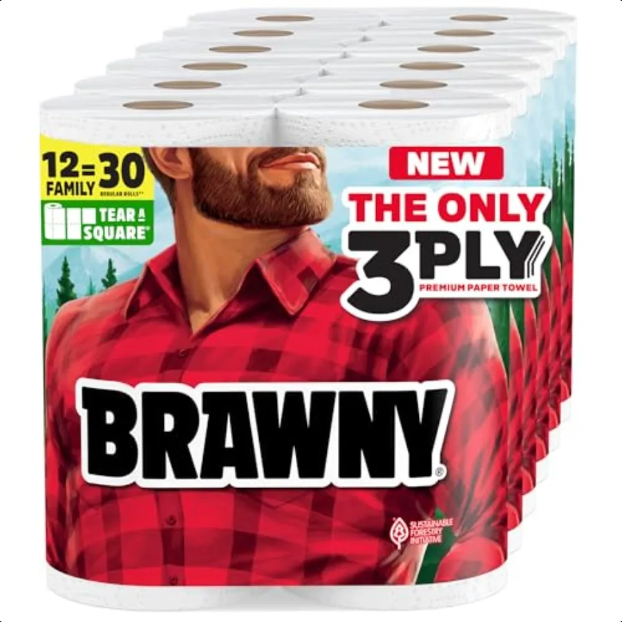 Brawny TearASquare 3 طبقات مناشف ورقية 12 لفة عائلية مقاس XL = 30 لفة عادية قوية ماصة ومتينة مع 3 أحجام ورقية كوارت