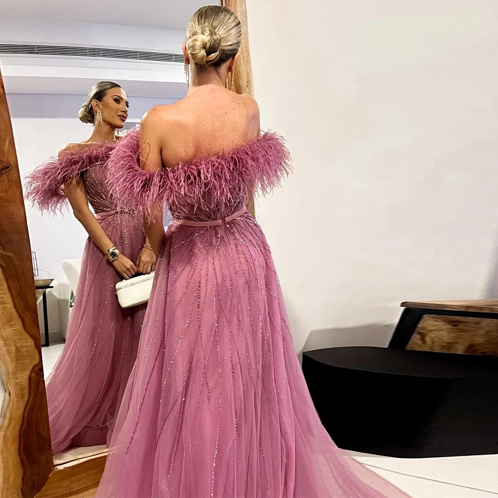 Exquisite Chapel Train Feathers Sequined Pleats Belt Prom Gowns Luxury A-Line Off the Shoulder Organza Pink Evening Dresses