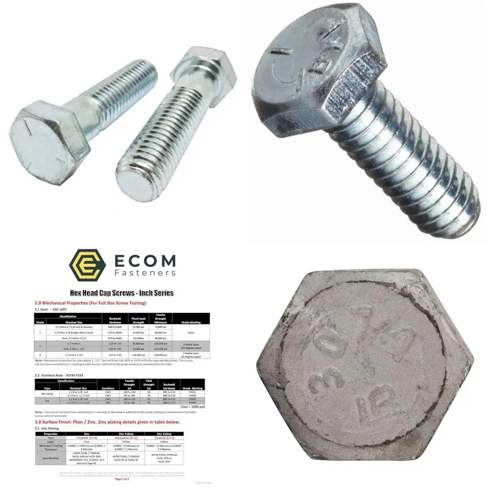

Grade 5 Zinc-Plated Steel Hex Cap Screws, 1/4-20 x 5 Inches, Coarse Thread, 50 Pack, Made in USA, Heavy Duty Fasteners