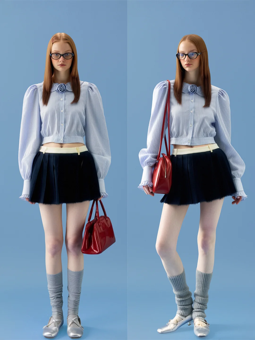 

AHMI Blue Striped 3D Flower Bubble Sve Long Sve irt Spring Autumn ort Sweet Sle Girl Cotton Blend Breathable Casu...